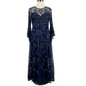 Aidan Mattox Women's Formal Dress Size 16 Blue Beaded Long Sleeve Evening Gown